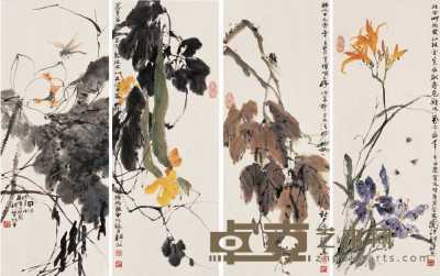 韩敏 甲申（2004）年作 花卉蜂蝉（四幅） 镜心 64×25cm×4
